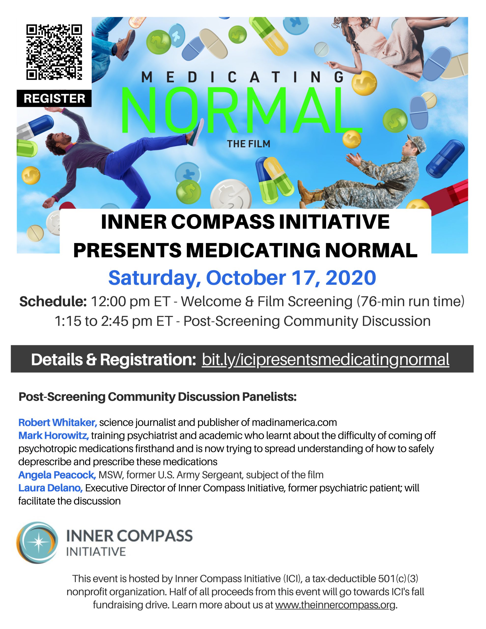 informational flyer for film screening of MEDICATING NORMAL hosted by Inner Compass Initiative