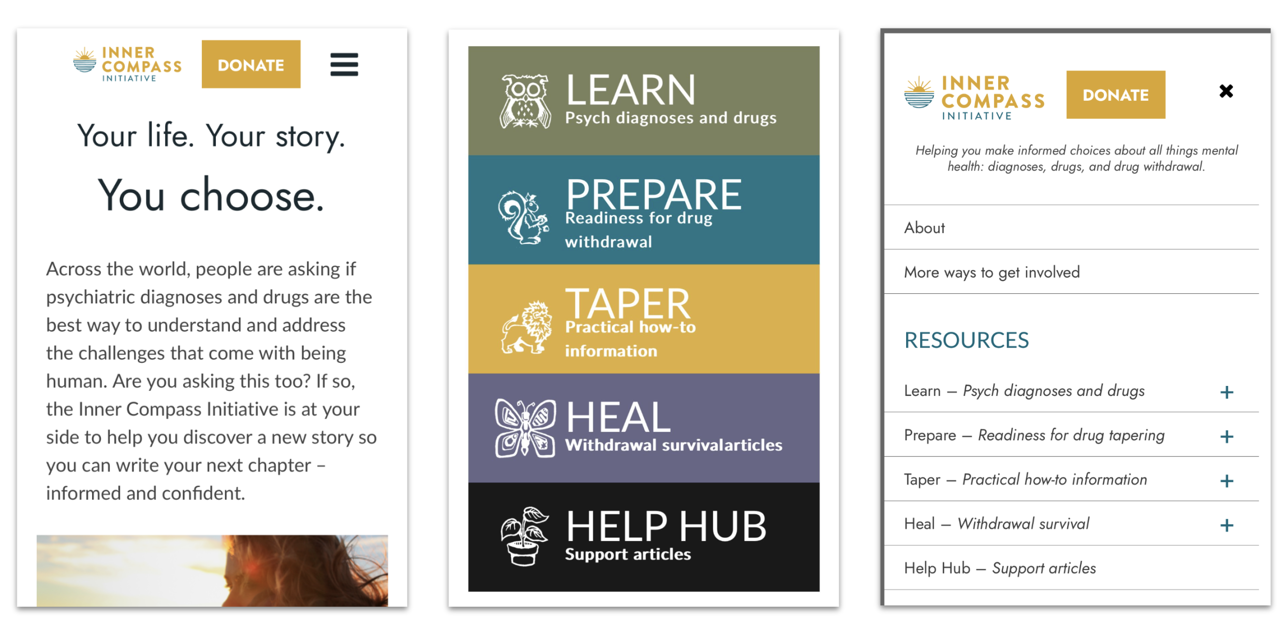 Images of the Inner Compass Initiative homepage on a mobile device