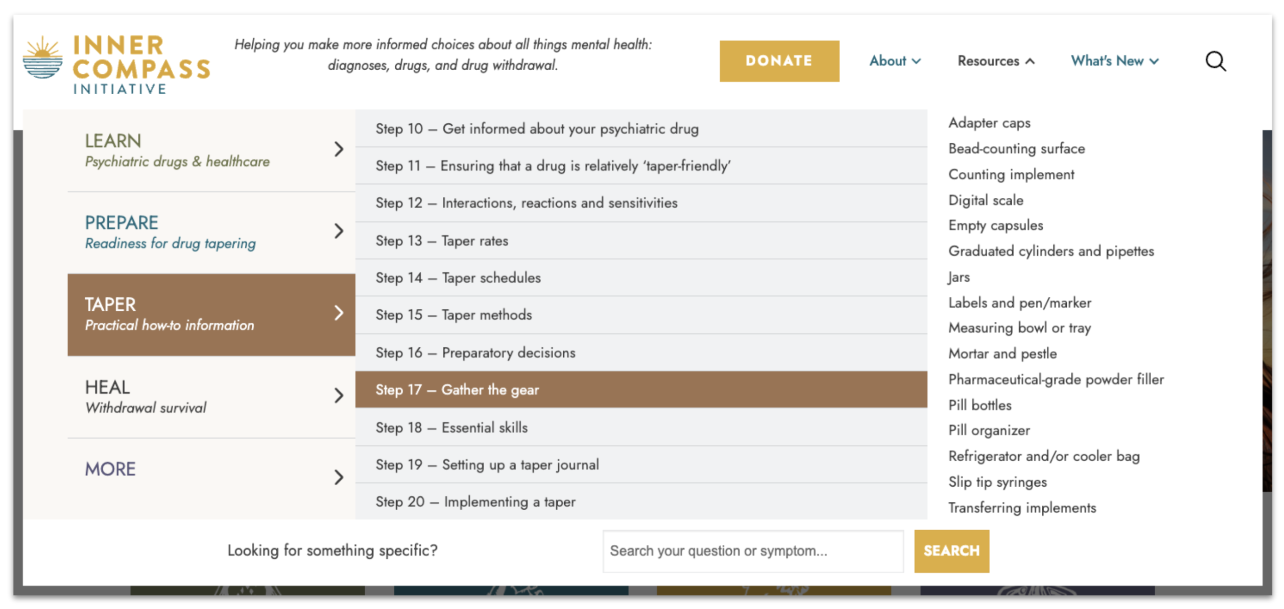 Screenshot of the Inner Compass Initiative website updates showing the resources menu.